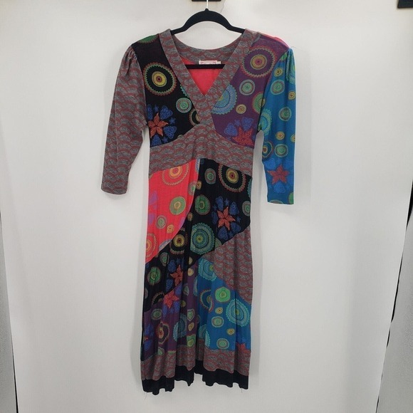 Pure Vida Small Knit Tie Back Dress Boho Peasant Patchwork Geometric V Neck - Picture 15 of 15